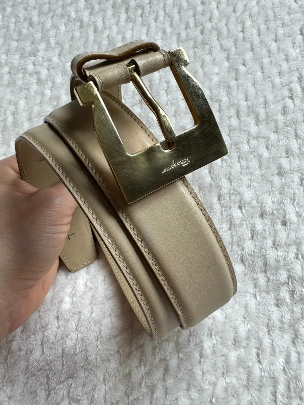 VTG 90s Salvatore Ferragamo Leather Belt S 30” Beige Gold Tone Buckle Italy